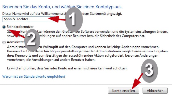4. Schritt neues Benutzerkonto Gastkonto benennen beim Anlegen