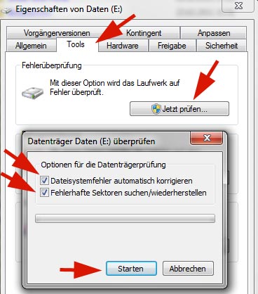 Festplatte auf Fehler pr&uuml;fen reparieren