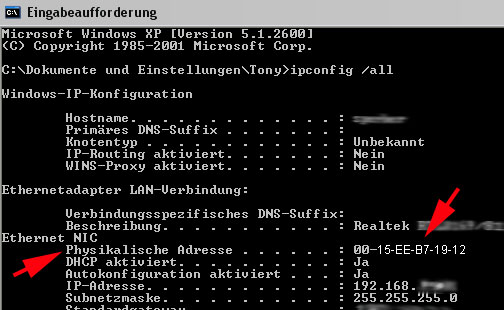 MAC-Adresse herausfinden mit Windows XP und Windows 2000