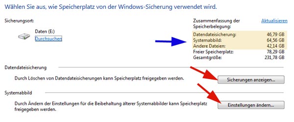 Speicherplatz der Datensicherung von Windows 7 verwalten freigeben sparen