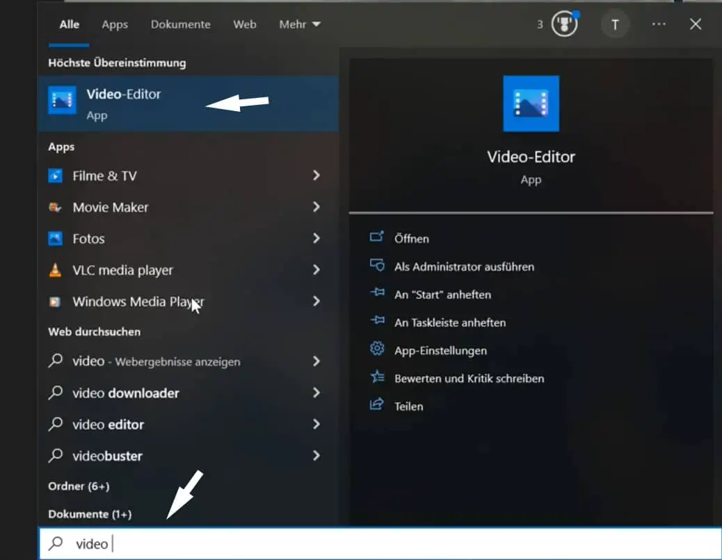 Video Editor von Windows 10 finden und starten