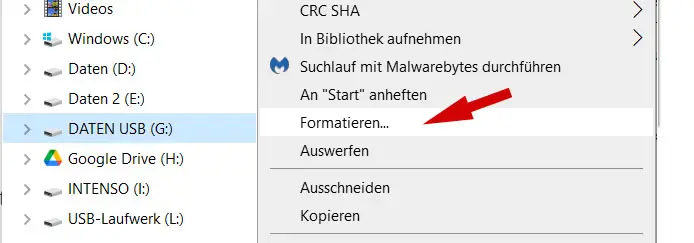 Windows 10 Funktion Formatieren wählen