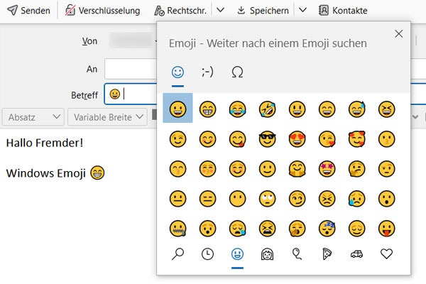 Symbole in Betreffzeile einfügen mit Windows 10
